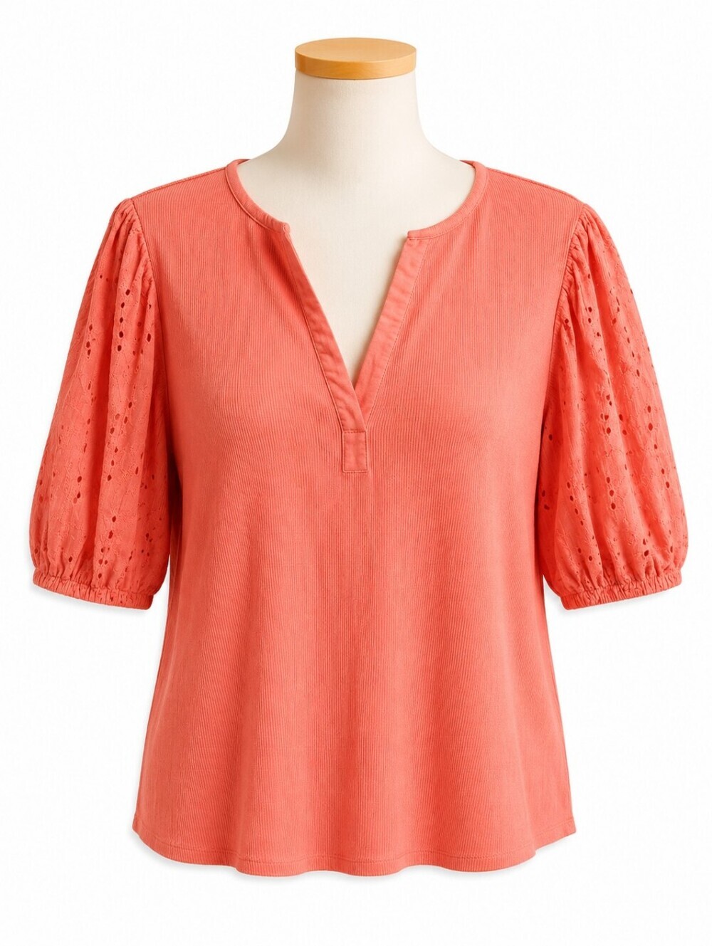 Dolan Coral Orange Ribbed Eyelet Puffed Sleeve Top Sz M/L Casual Summer Beach